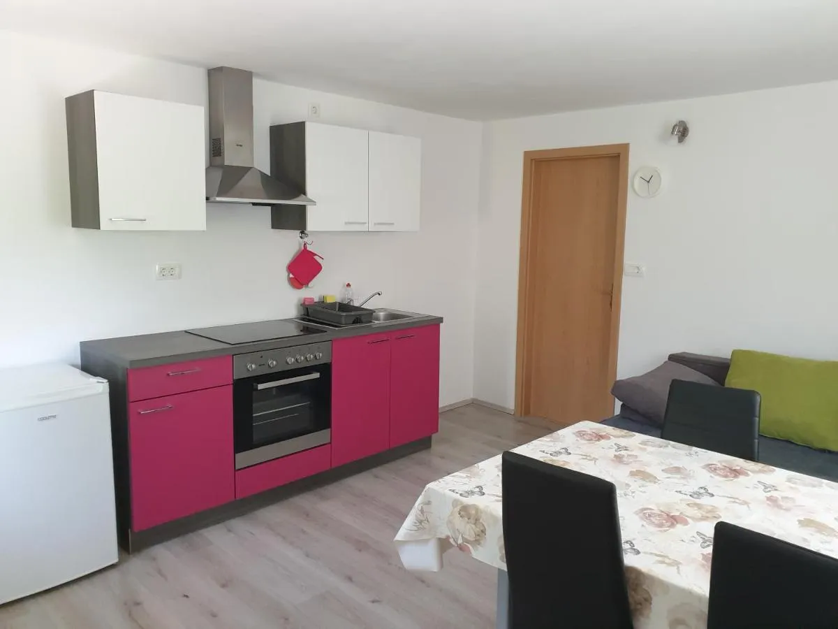 Dnevna soba klasičnega apartmaja: kuhinja z rožnatimi omaricami, pečico in hladilnikom, jedilna miza