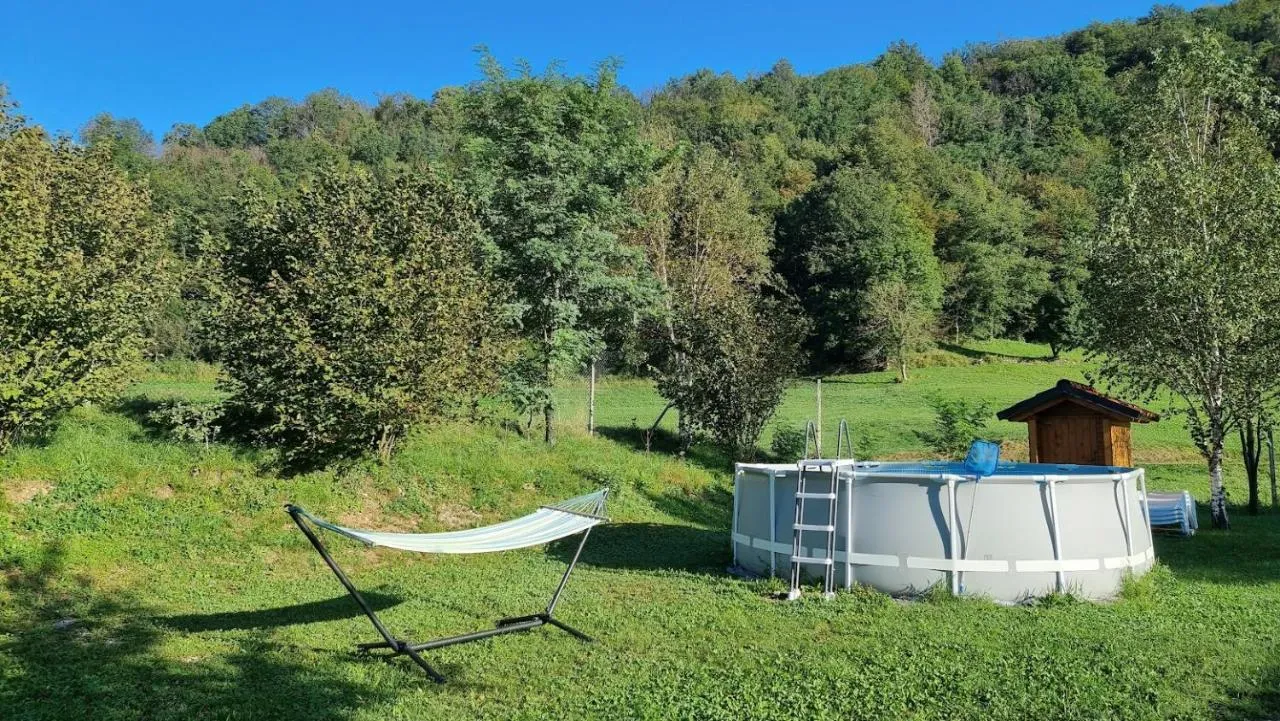 Viseča mreža in bazen na travniku ob gozdu