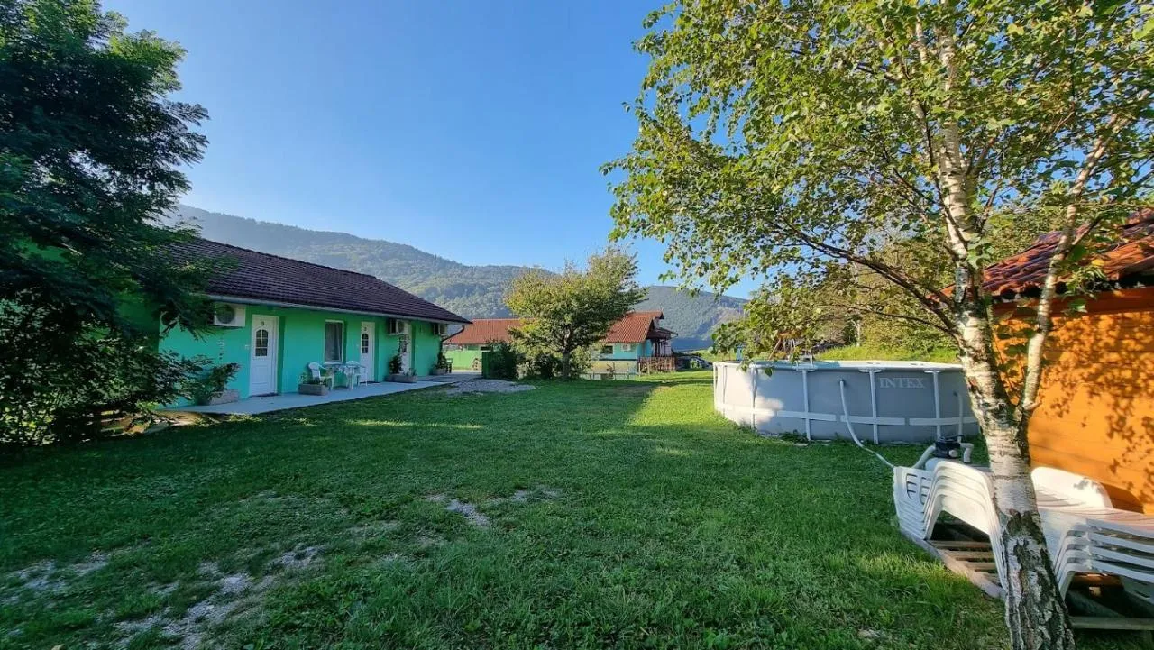 Travnik z brezo pred apartmaji, levo mintno zelena hiša, zadaj bazen in hribi